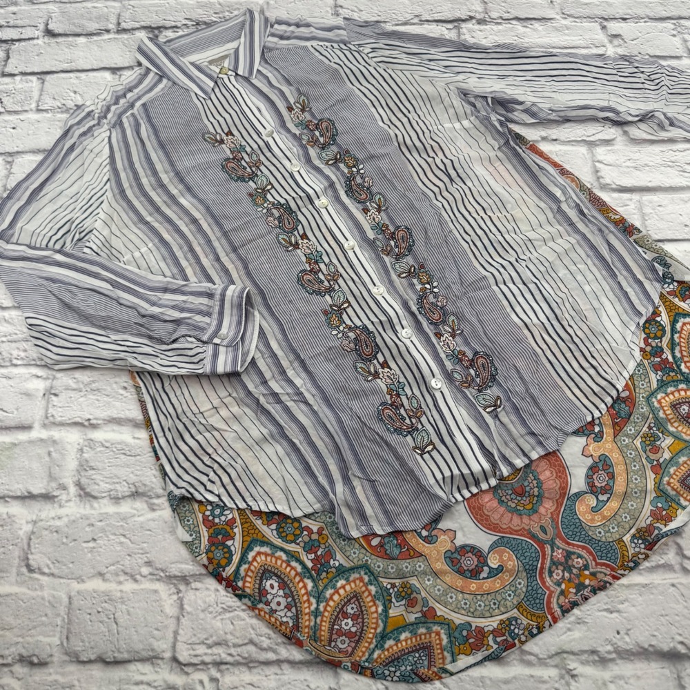 Chicos Womens 2 12/14 Embroidered Striped Paisley Mixed Media Blouse White Blue